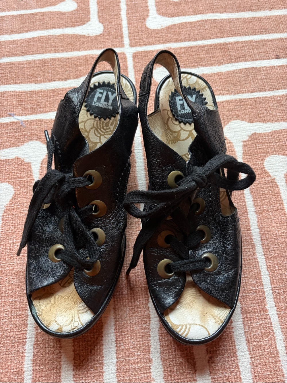 FLY London Black Leather Lace-Up Slingback Sandals